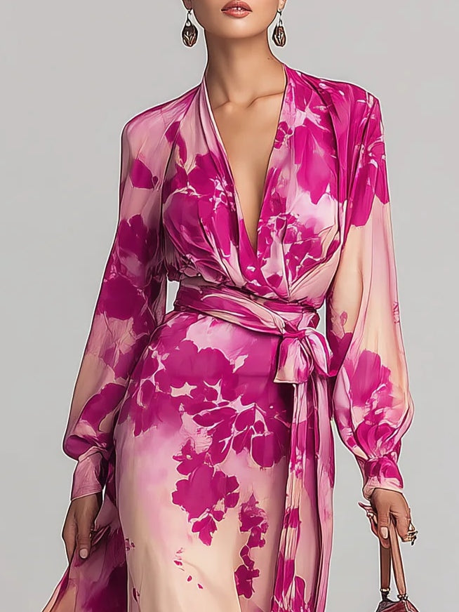 Rochie maxi roșu trandafir florală cu decolteu V și centură