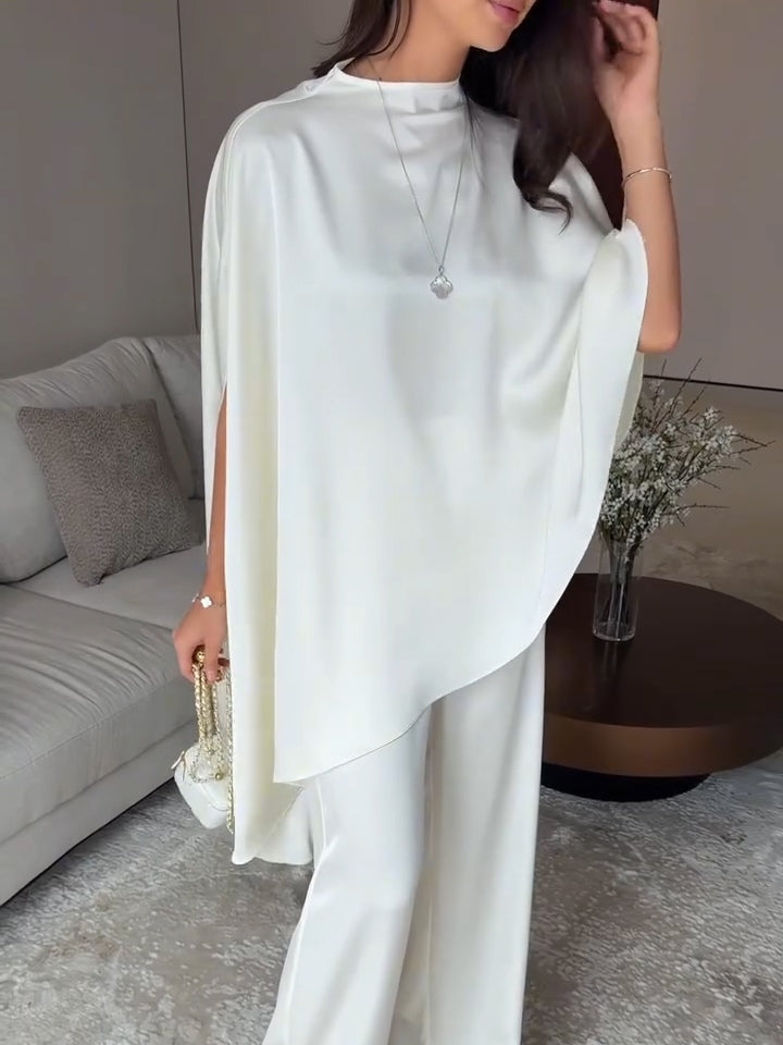 Set în Două Piese Alb din Satin cu Top Neregulat și Pantaloni