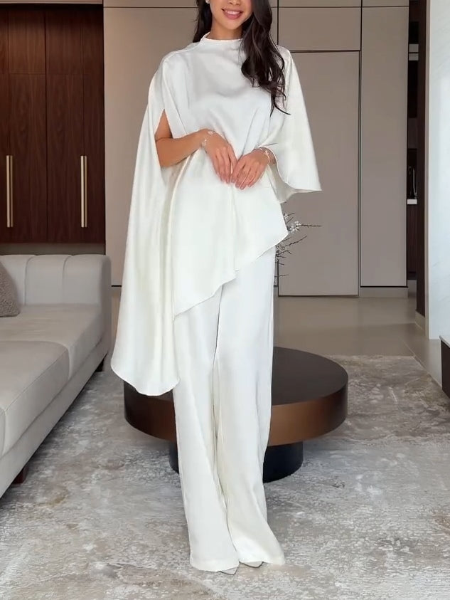 Set în Două Piese Alb din Satin cu Top Neregulat și Pantaloni