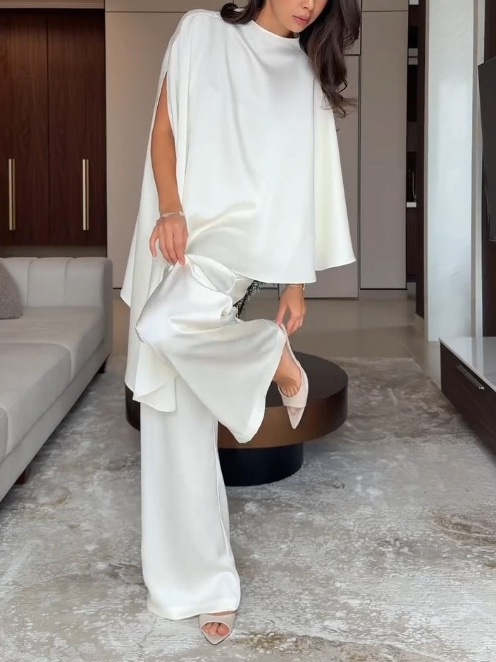 Set în Două Piese Alb din Satin cu Top Neregulat și Pantaloni
