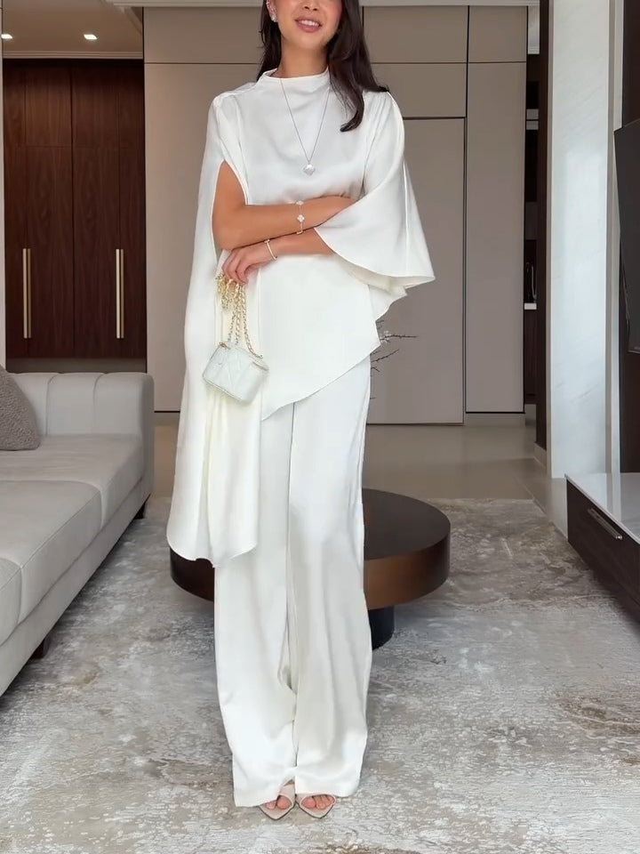 Set în Două Piese Alb din Satin cu Top Neregulat și Pantaloni