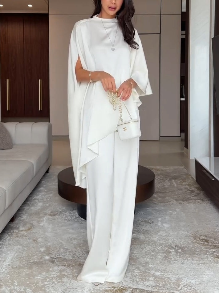 Set în Două Piese Alb din Satin cu Top Neregulat și Pantaloni