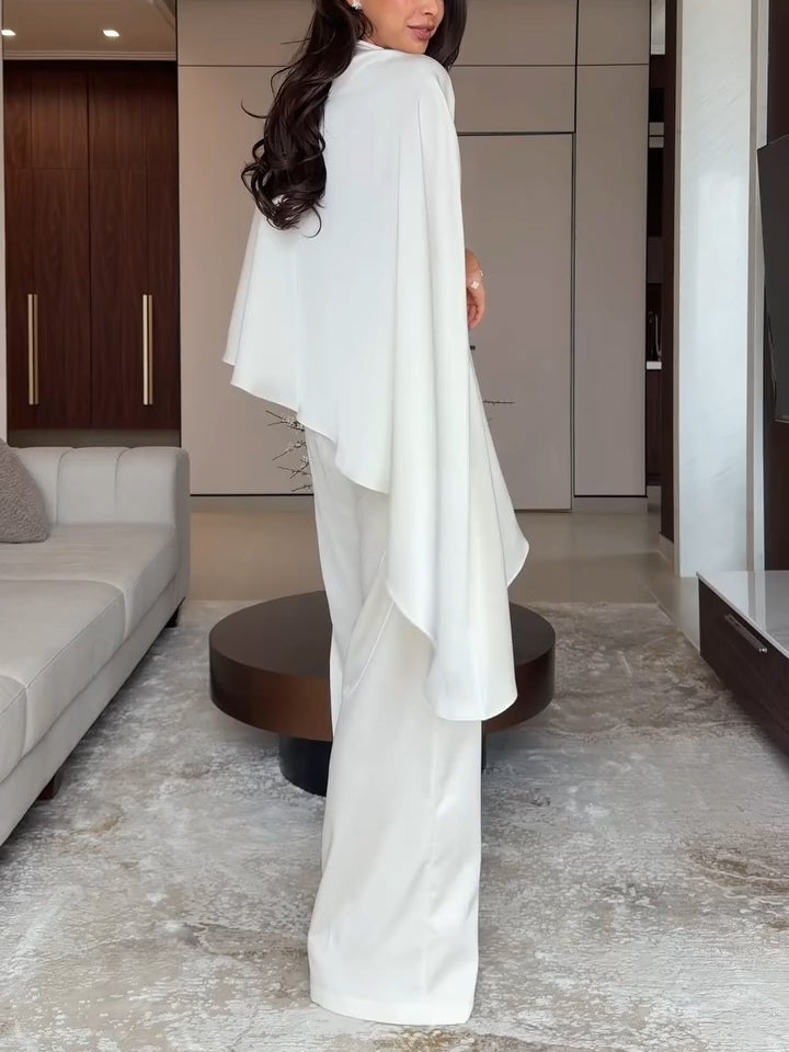 Set în Două Piese Alb din Satin cu Top Neregulat și Pantaloni