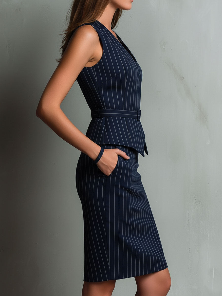 Set Bleumarin cu Vestă cu Dungi Fine și Fustă Creion (cu centură)