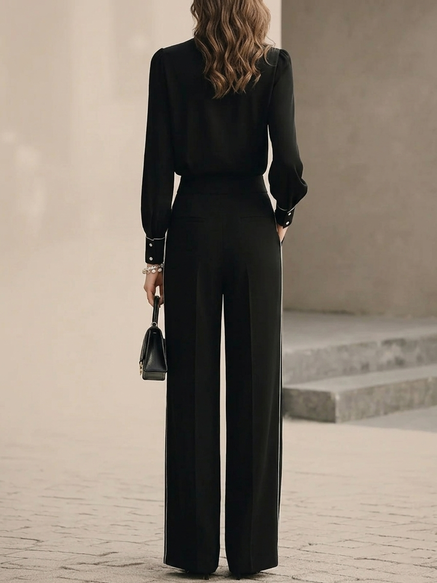 Set în Două Piese cu Bluză cu Fundă și Garnitură Alb-Negru și Pantaloni Largi