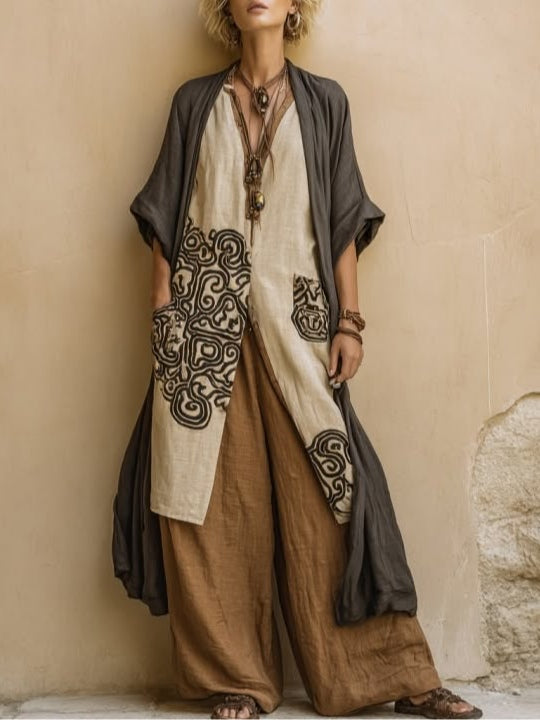 Set Boem Nomad în Trei Piese cu Model Tribal Gri-Maro