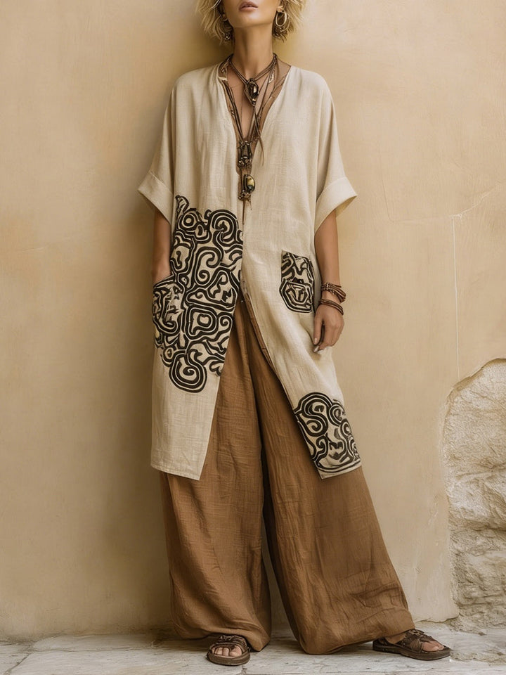 Set Boem Nomad în Trei Piese cu Model Tribal Gri-Maro