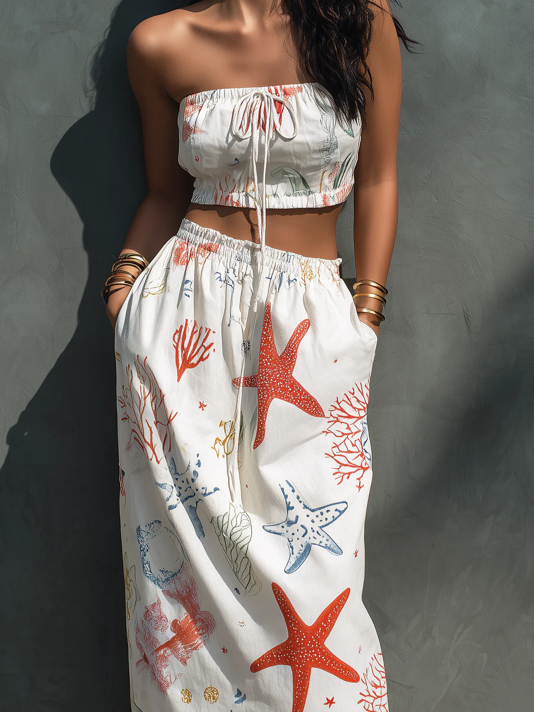 Set în Două Piese Alb cu Top fără Bretele și Fustă cu Imprimeu Oceanic