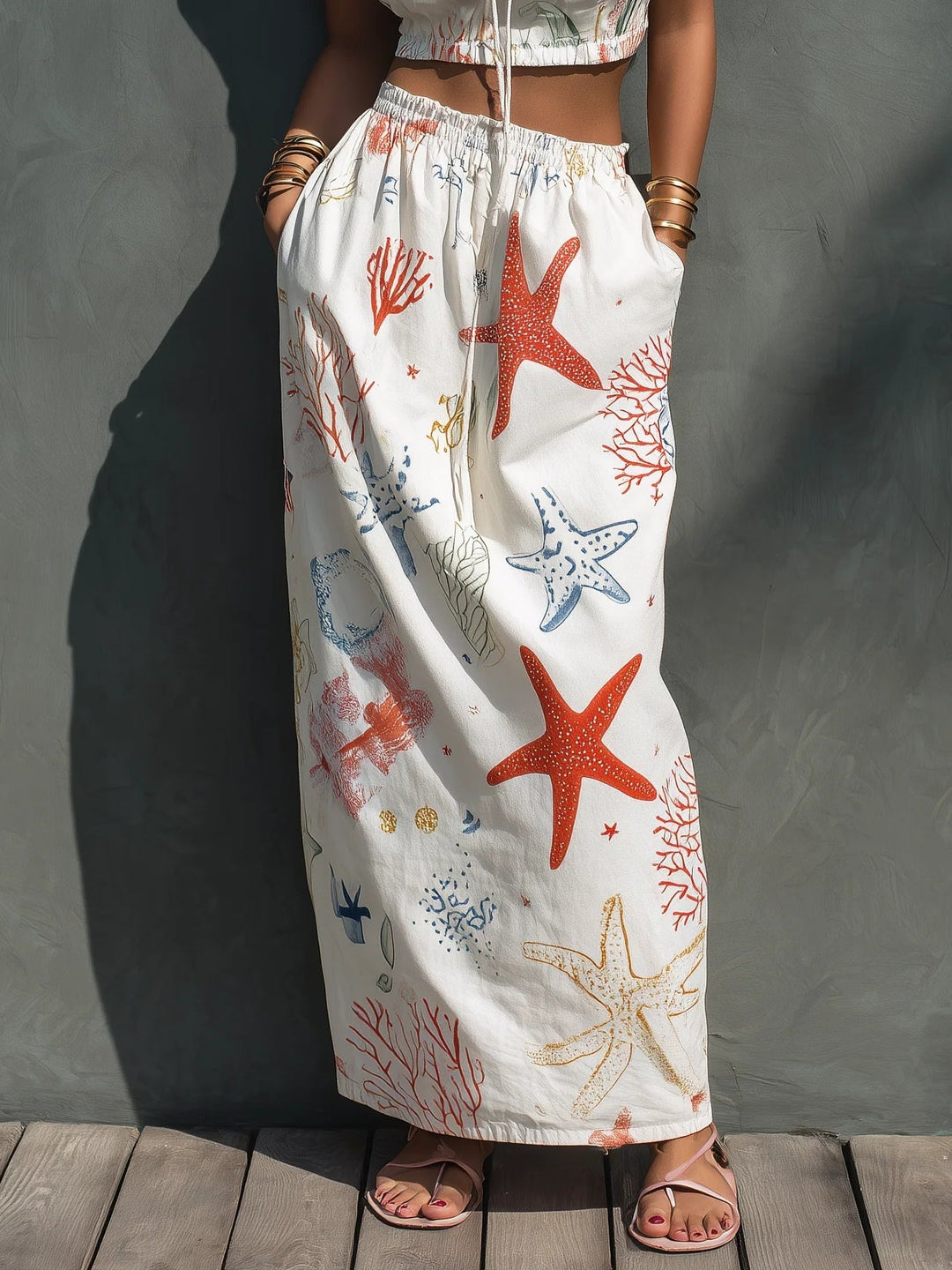 Set în Două Piese Alb cu Top fără Bretele și Fustă cu Imprimeu Oceanic