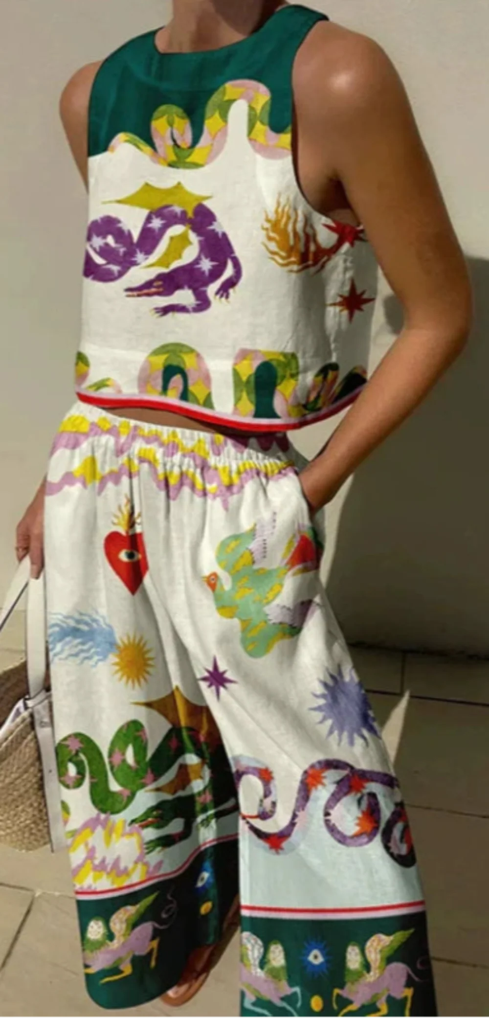 Set cu Maiou cu Imprimeu Unic și Pantaloni cu Buzunare și Talie Elastică