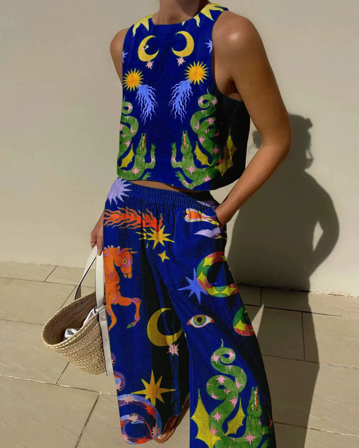 Set cu Maiou cu Imprimeu Unic și Pantaloni cu Buzunare și Talie Elastică