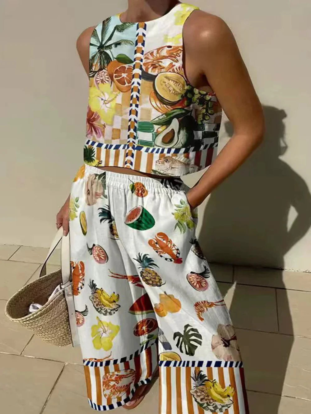 Set cu Maiou cu Imprimeu Unic și Pantaloni cu Buzunare și Talie Elastică