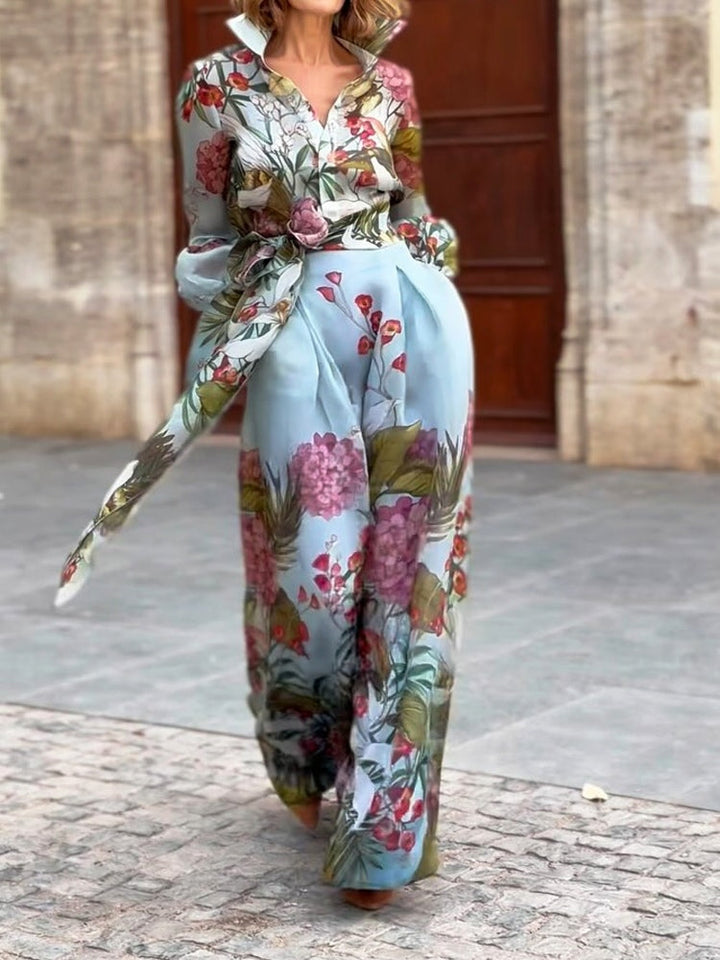 Set Elegant în Două Piese cu Cămașă și Fustă cu Imprimeu Floral