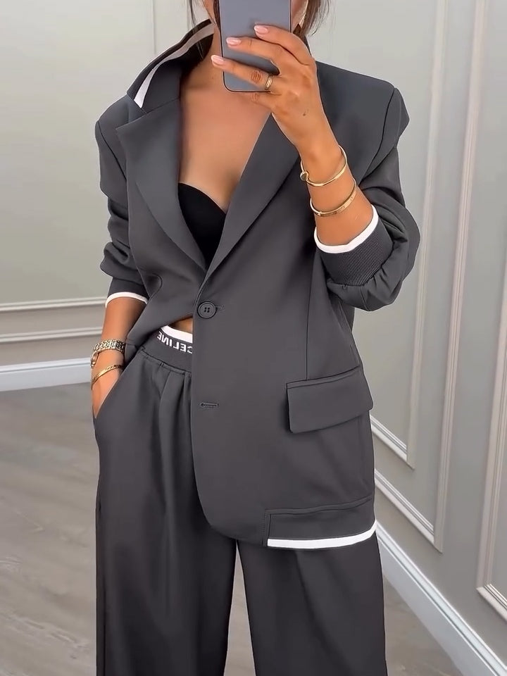 Set Gri în Două Piese cu Blazer Patchwork cu Un Rând de Nasturi și Pantaloni