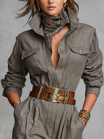 Salopetă Cămașă cu Mâneci Lungi din Amestec Bumbac-In