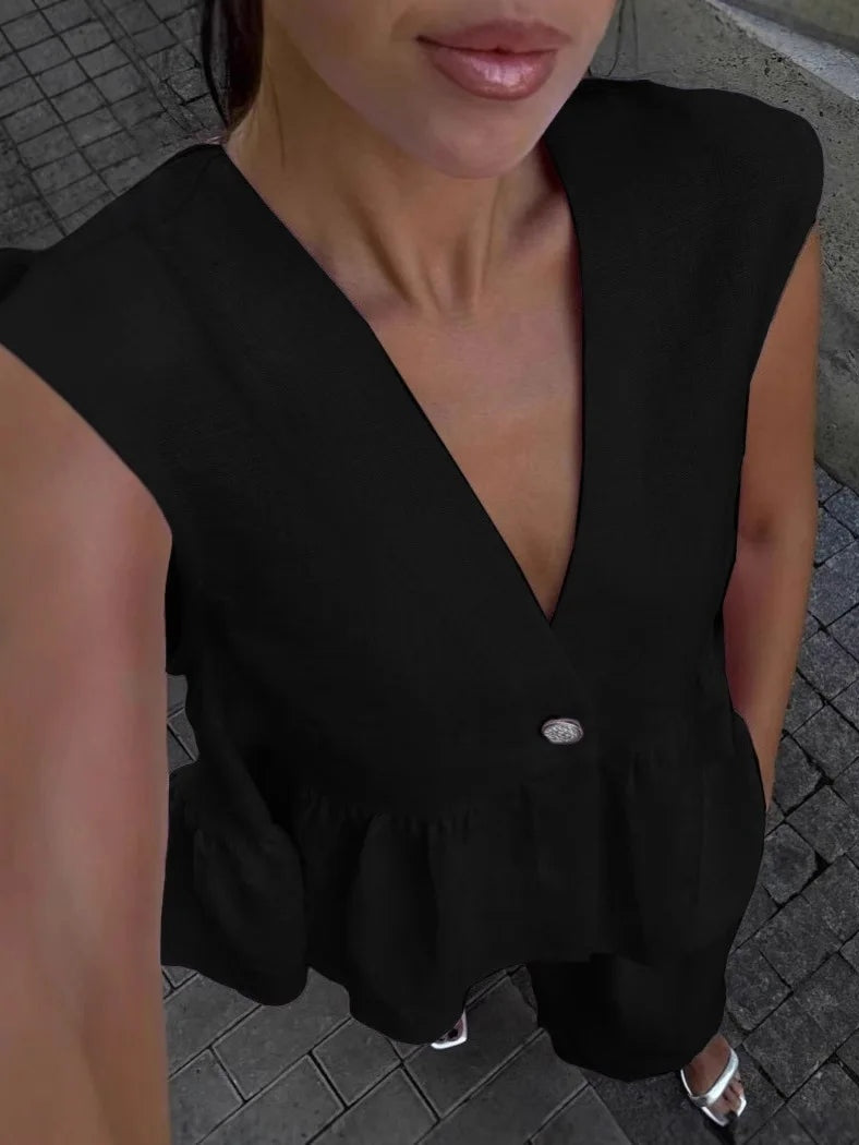 Costum din Bumbac-In în Două Piese cu Decolteu V și Volane