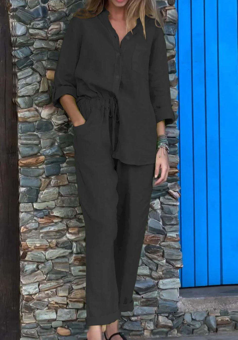 Set Casual în Două Piese Unicolor din Bumbac-In cu Cămașă cu Decolteu V și Pantaloni