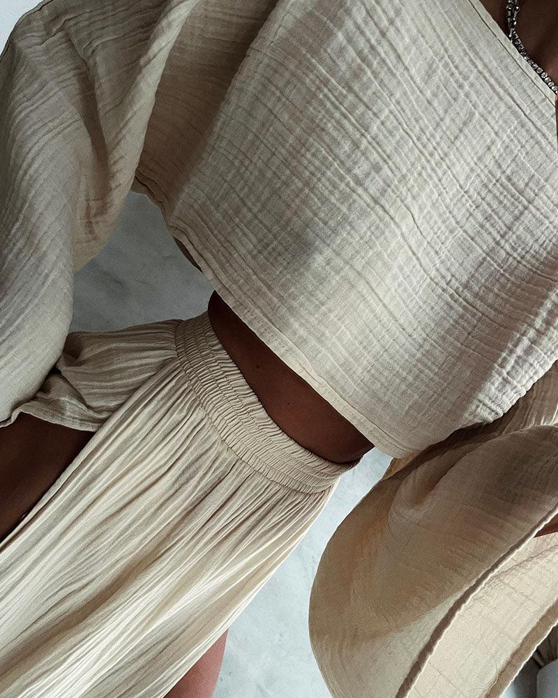 Set Casual Șic în Două Piese din Bumbac-In cu Crestătură