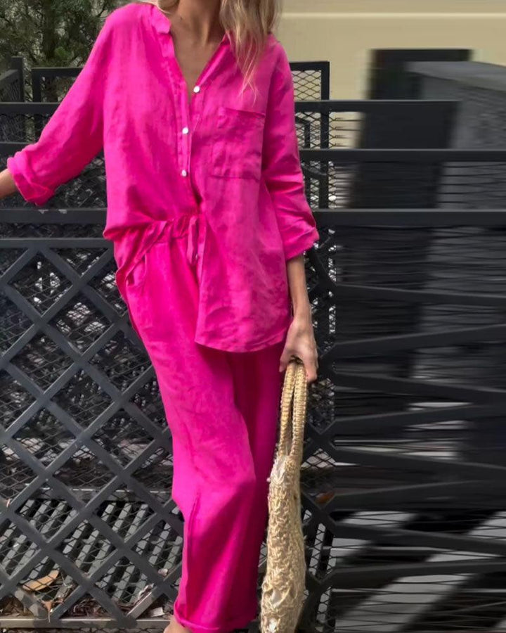 Set Casual în Două Piese Unicolor din Bumbac-In cu Cămașă cu Decolteu V și Pantaloni