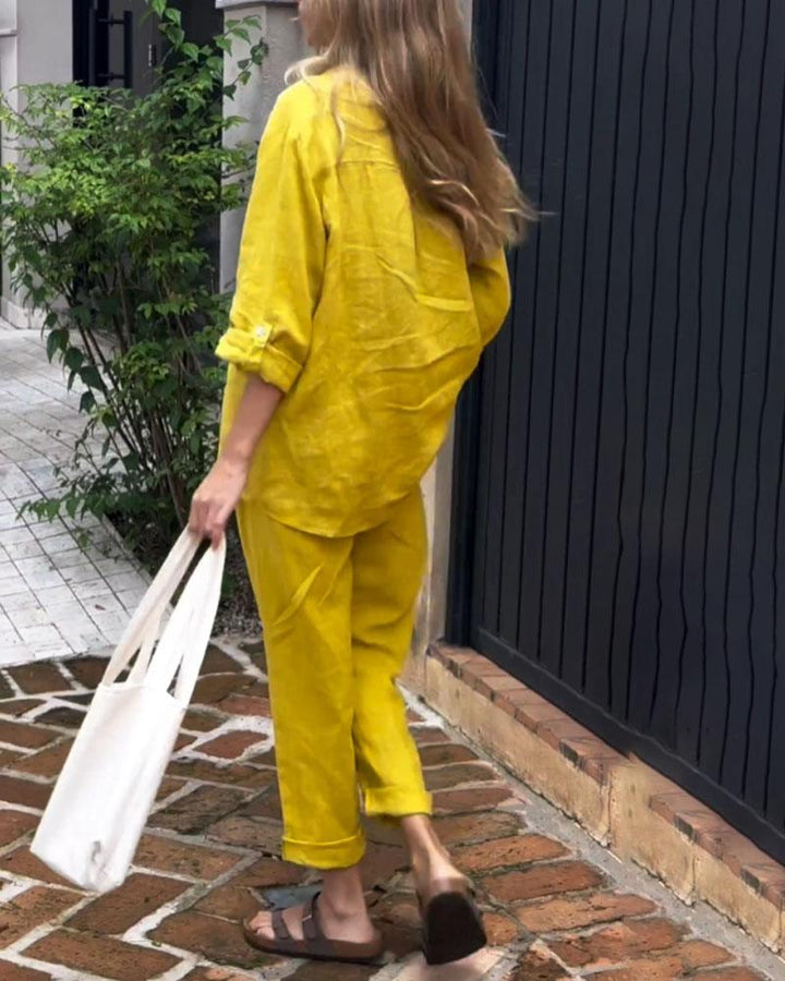 Set Casual în Două Piese Unicolor din Bumbac-In cu Cămașă cu Decolteu V și Pantaloni