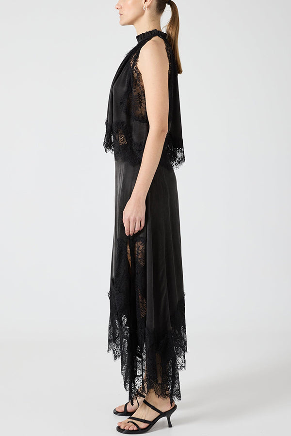 Set cu Top cu Guler Plisai din Dantelă și Fustă cu Crestătură Neregulată