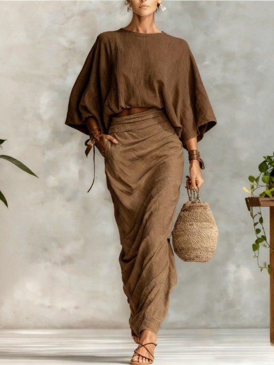 Set cu Top cu Guler Rotund și Mâneci Liliac și Fustă Lungă