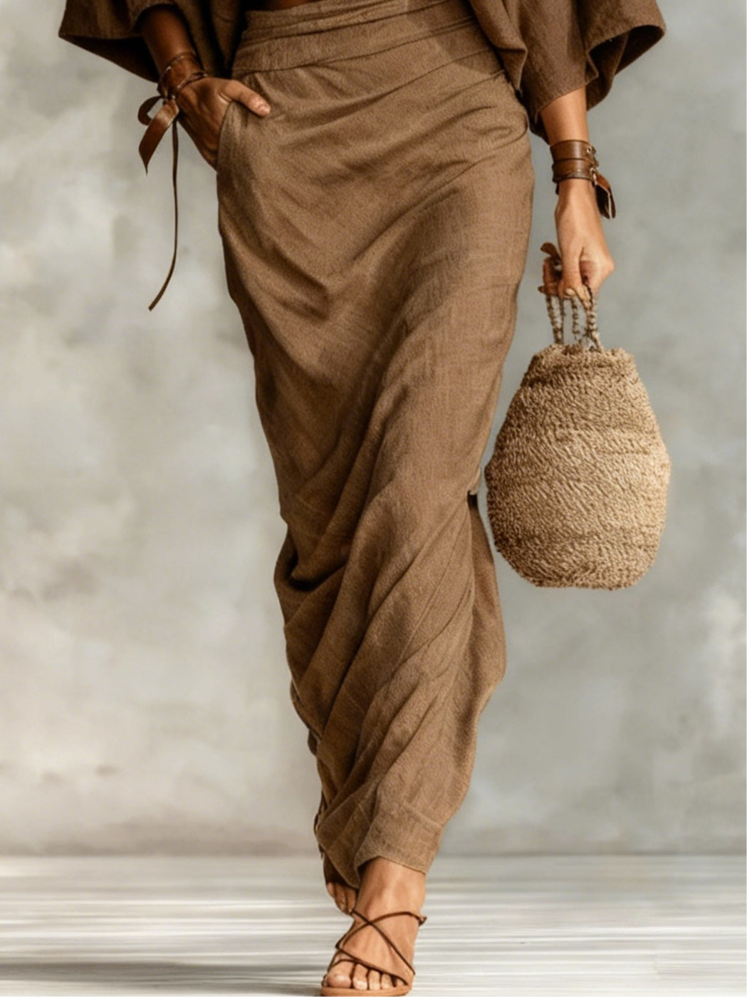 Set cu Top cu Guler Rotund și Mâneci Liliac și Fustă Lungă