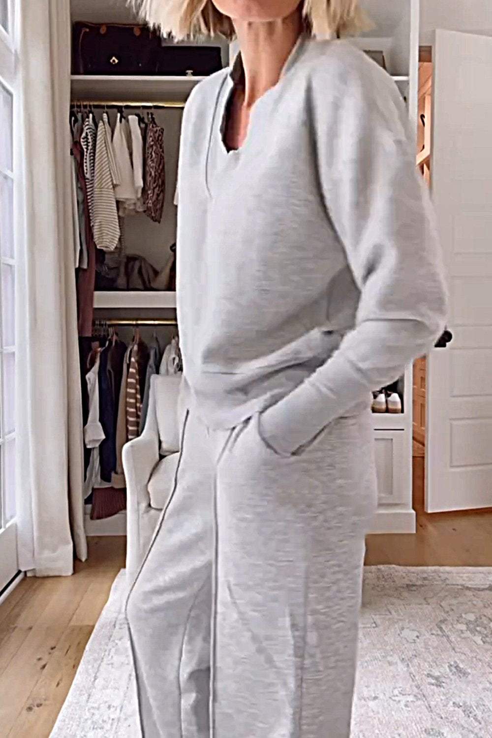 Set în Două Piese cu Top Unicolor cu Decolteu V și Pantaloni