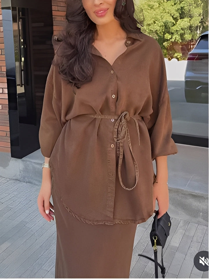 Set Maro cu Cămașă cu Mâneci Lungi cu Șiret și Fustă