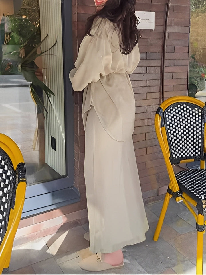 Set Verde Deschis cu Cămașă cu Mâneci Lungi cu Șiret și Fustă