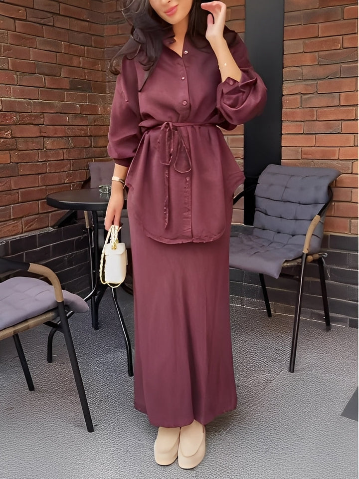 Set Roșu cu Cămașă cu Mâneci Lungi cu Șiret și Fustă